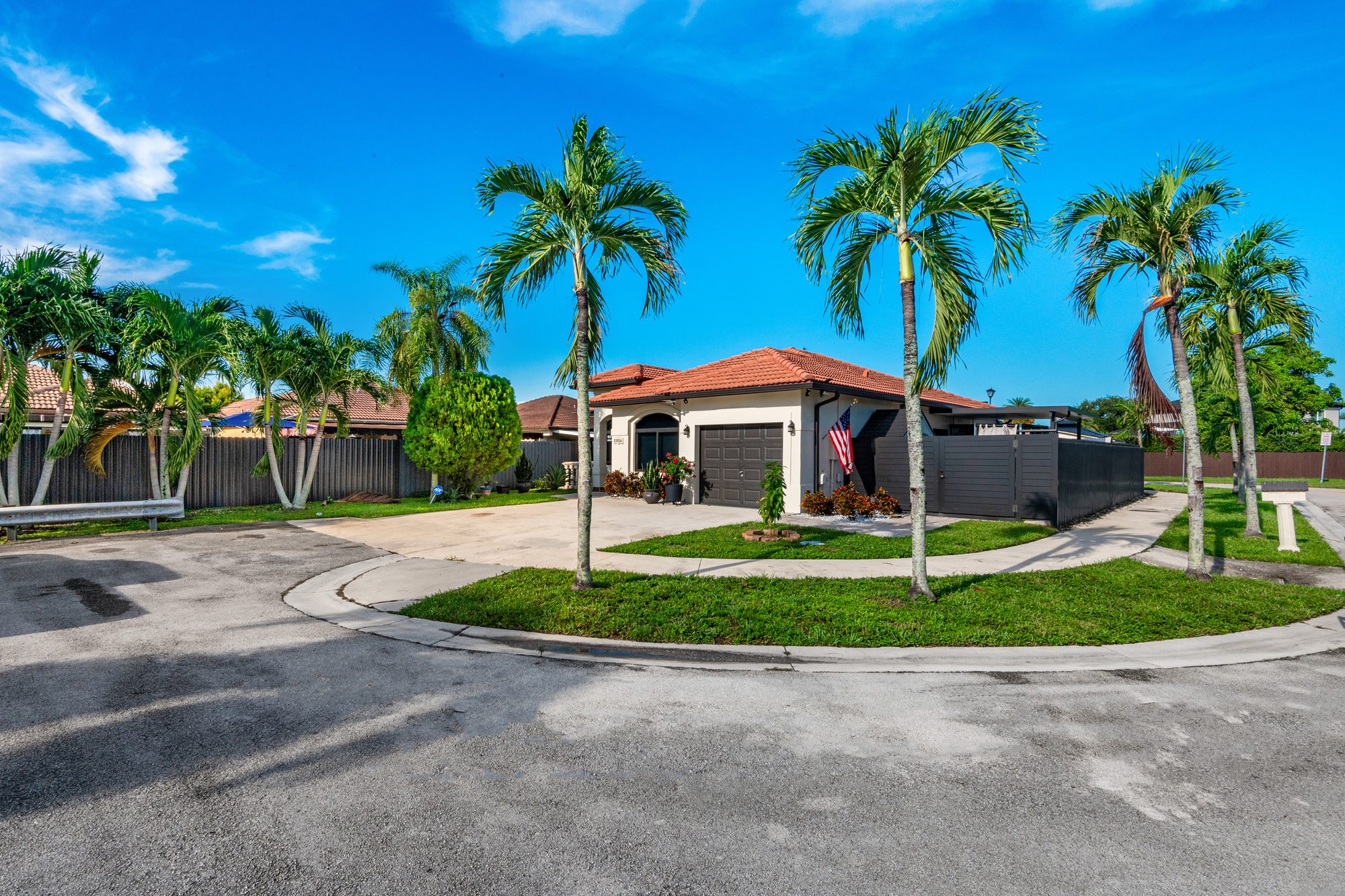 Corner-lot front exterior with palms and tile roof
