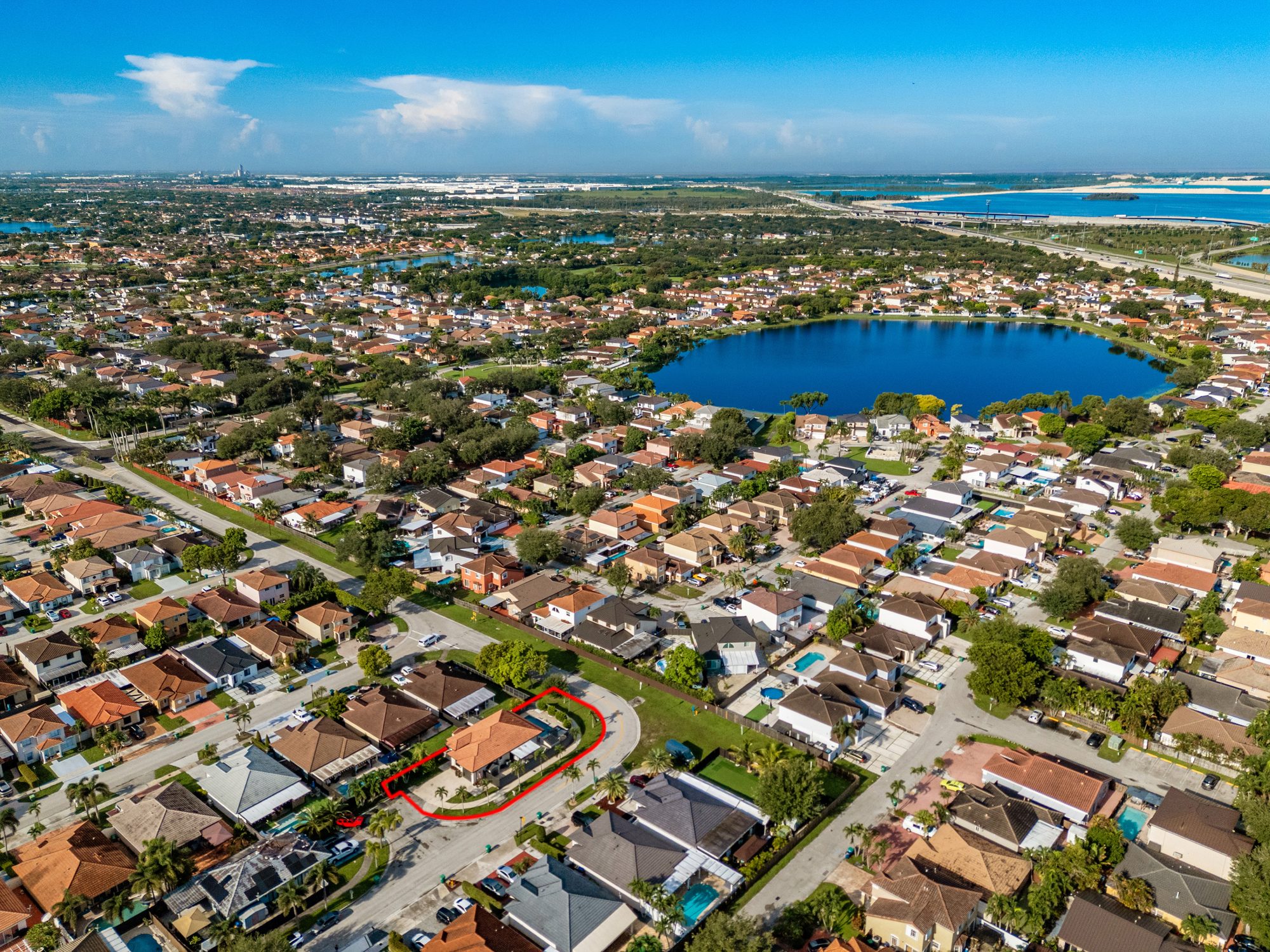 Drone view of the area and nearby lake
